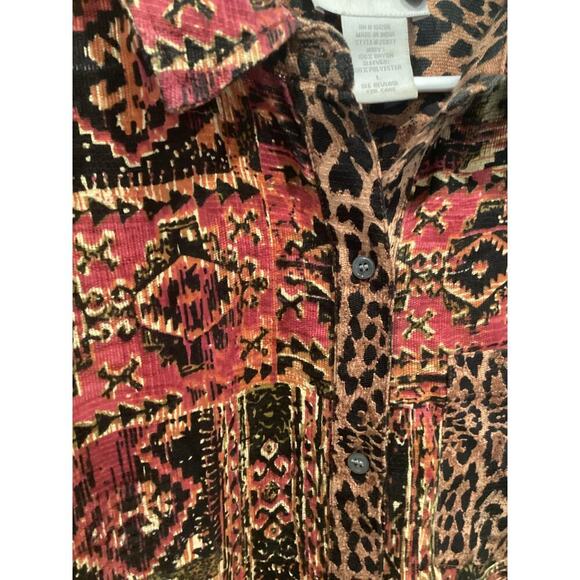 Soft Surroundings Womens Button Up Shirt L Large Orange Animal Print Patchwork - Picture 2 of 9